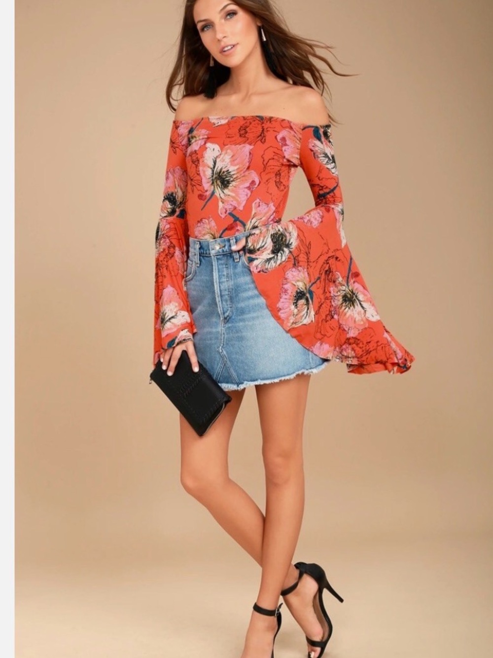Free People Coral Floral Off-Shoulder Bell Sleeve Top